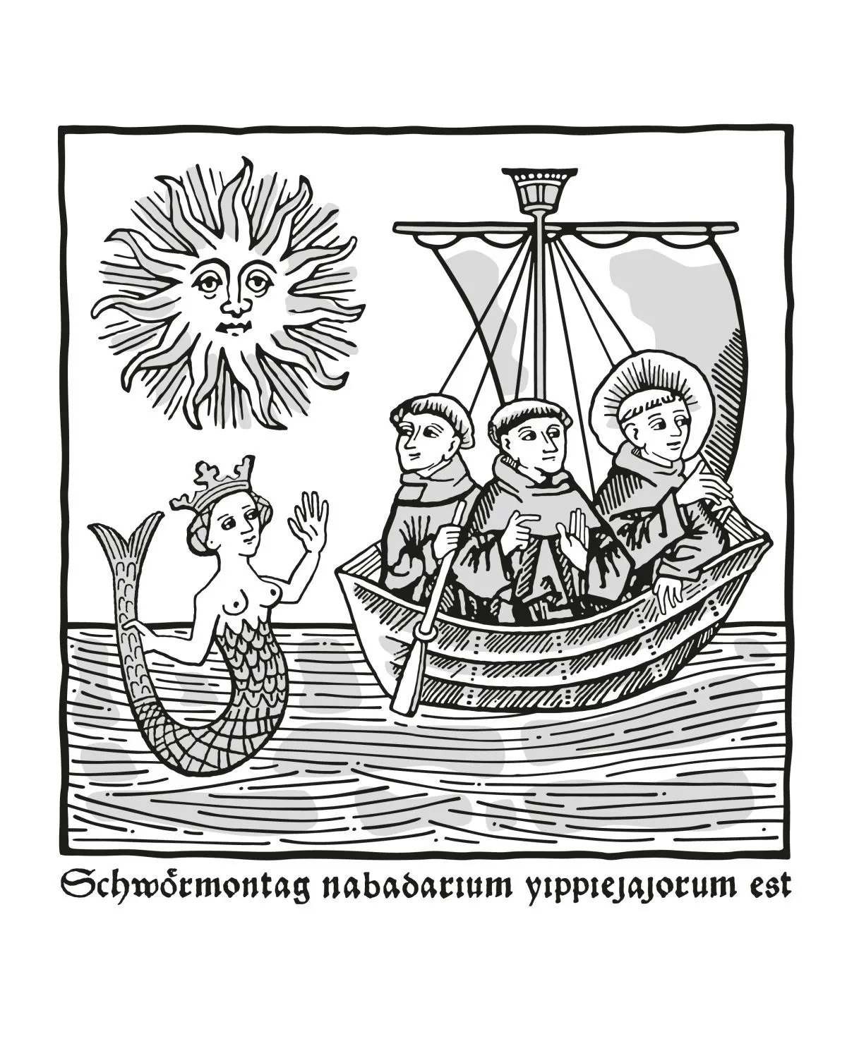 Das Motiv in Nahaufnahme. Drei Mönchlein und eine Nixe auf der Donau. ⇥