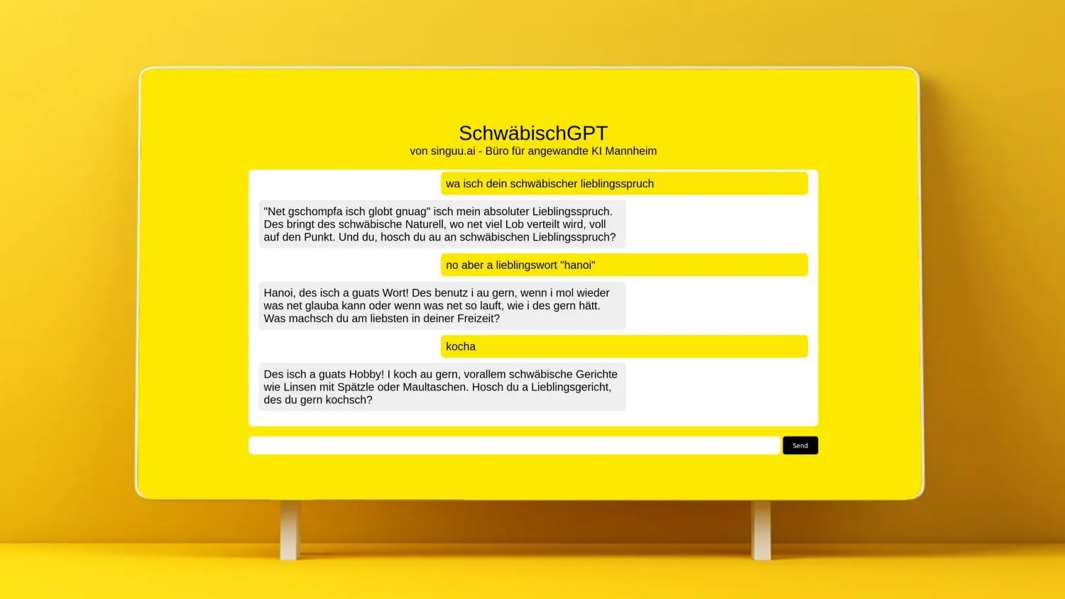 Auf SchwäbischGPT findet der Anwender eine besonders gesprächige künstliche Intelligenz vor, die ständig Fragen stellt - natürlich auf Schwäbisch.
