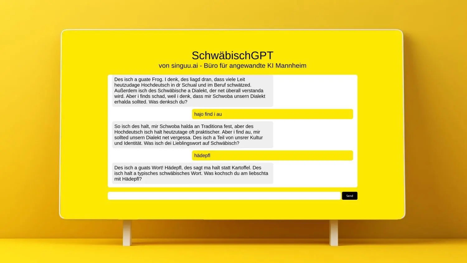 Auf SchwäbischGPT findet der Anwender eine besonders gesprächige künstliche Intelligenz vor, die ständig Fragen stellt - natürlich auf Schwäbisch.