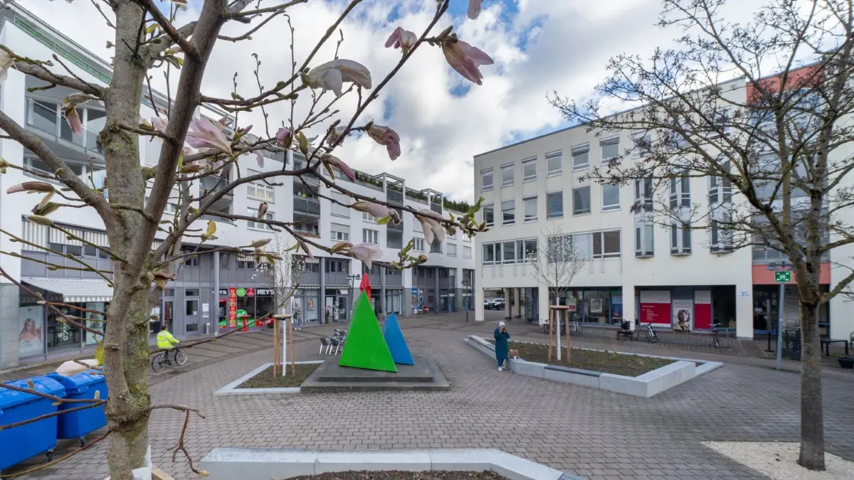 Am teilweise entsiegelten Willy-Brandt-Platz blühen schon die Magnolien.⇥
Ulm, Willy-Brandt-Platz, entsiegelt mit blühenden Magnolien
