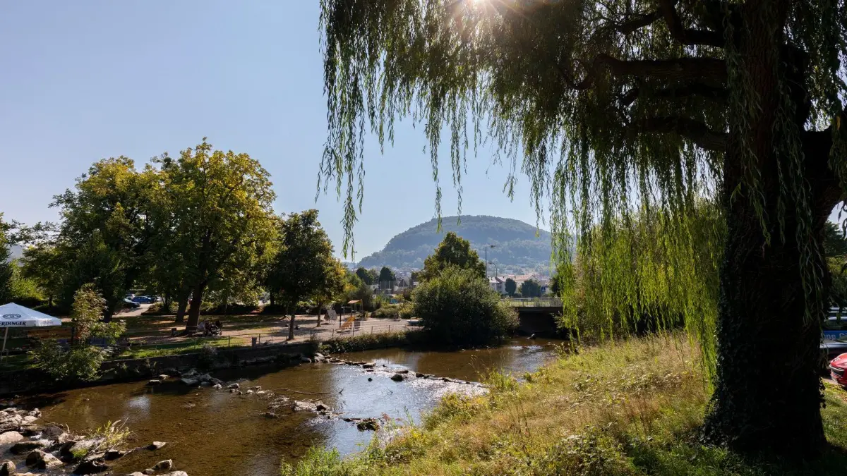 Wie auf diesem Archivbild aus Geislingen hat die Fils auch jetzt wieder extremes Niedrigwasser.
Fils mit extremem Niedrigwasser beim TVA-Platz Geislingen