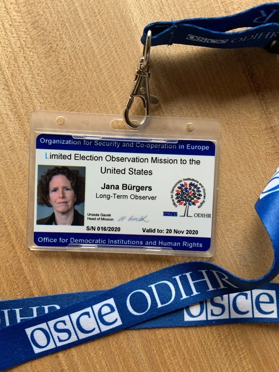 Der offizielle Ausweis von Jana Bürgers, die die Wahl in den USA begutachtet hat.