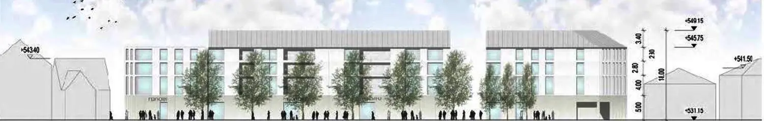 So könnte die östliche Häuserzeile des Obertorplatzes aussehen, wenn EJL seine Pläne verwirklichen kann. Die Neubebauung erstreckt sich vom Hotel Klaiber bis zum ehemaligen HZ-Gebäude. Zur Orientierung: Links flankiert das Eiscafé die neue Zeile, rechts das Kino Burgtheater. Die Lücke rechts der Mitte ist das Lindengässle, über das es auch künftig zum Firstplatz hinab gehen soll.⇥