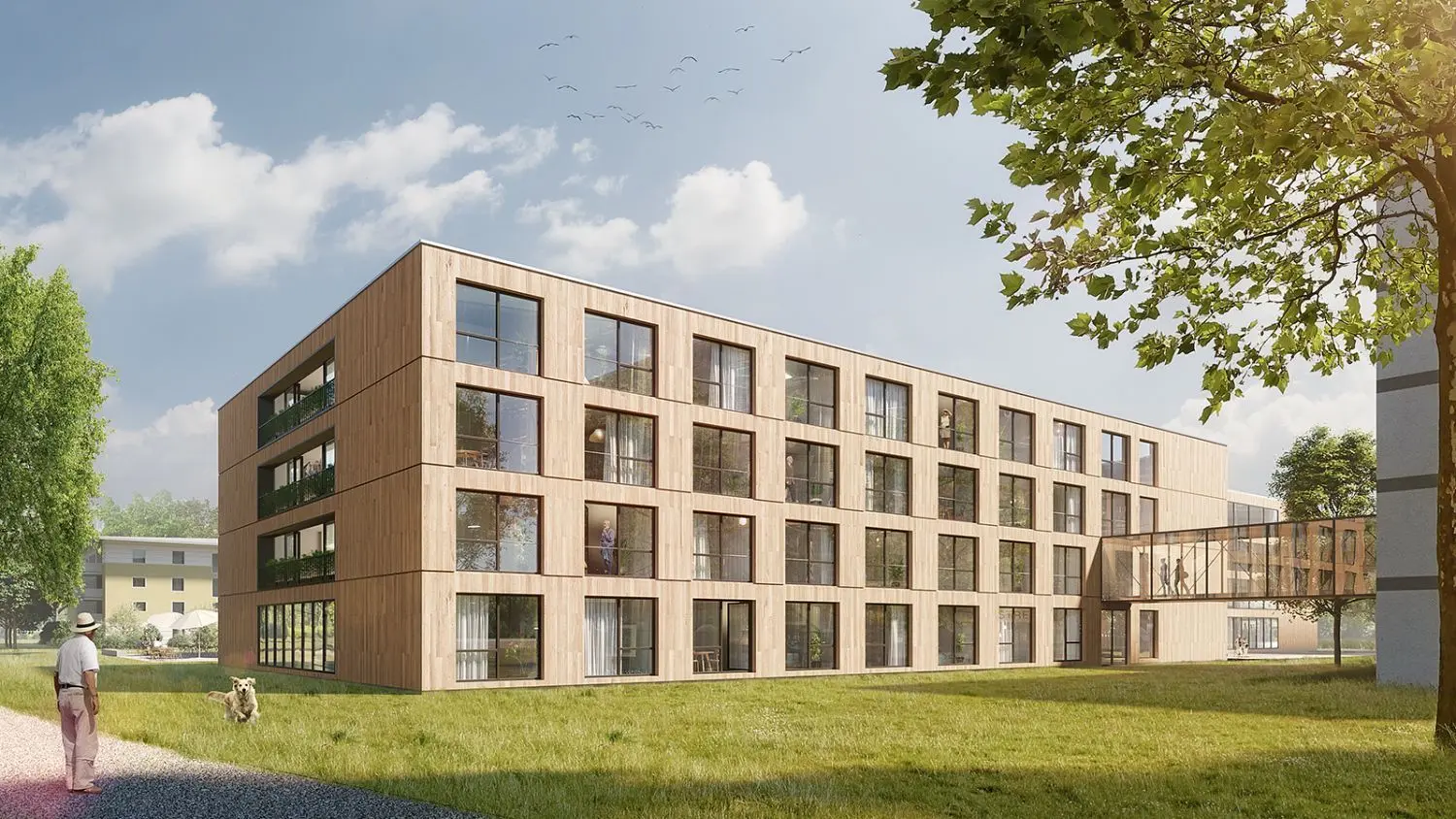 So wird das neue Caritas-Zentrum in Vöhringen aussehen. Vor Ort wird nur der Stahlbeton-Körper des Gebäudes gebaut, die Zimmer werden in Serie in einem Spezialbetrieb gefertigt und später mit einem Kran in das Grundgerüst gesetzt.