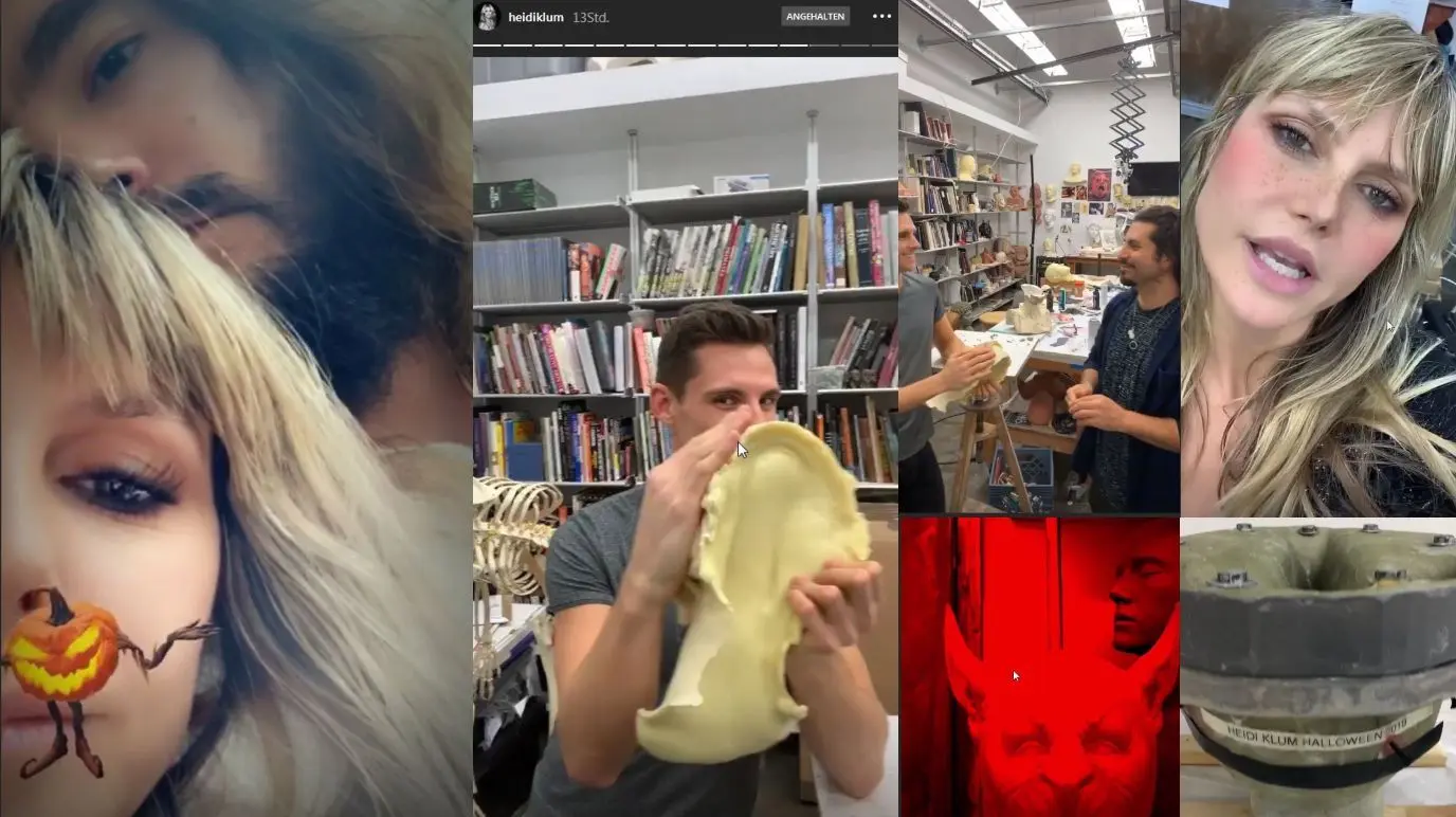 Screenshots der Instagram-Videos von Heidi Klums Besuch bei der Fima, die ihr Kostüm für Halloween herstellt.