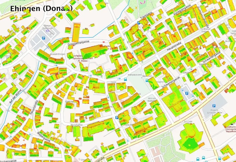 Der Solaratlas gibt Auskunft über geeignete Dachflächen – hier in der Ehinger Innenstadt.