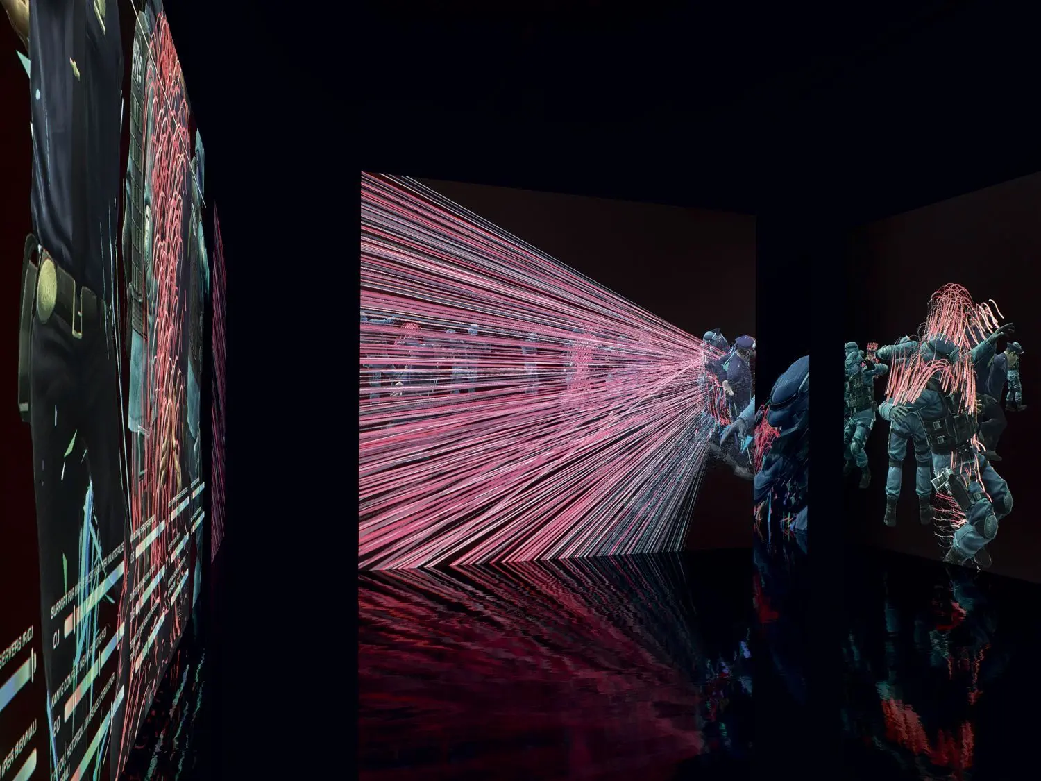 Tanz den Rassismus: Hito Steyerls Videoinstallation „SocialSim“ ist im dritten Stock des Kubus zu sehen.⇥