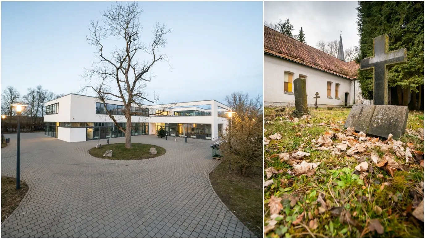 Typischer Campus: Im Gebäude des Diakonischen Instituts (links) wird Pflegenachwuchs ausgebildet. Das rechte Bild zeigt einen von zwei Friedhöfen. Sie stehen unter Denkmalschutz.