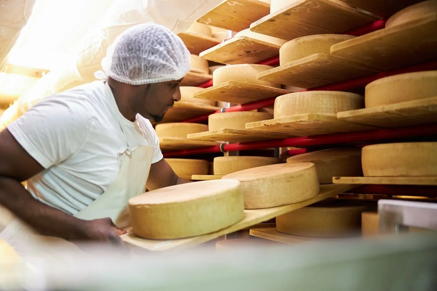 Im Keller der Sennerei reifen die Laibe auf Holzbrettern, regelmäßig muss der Käse geschmiert werden.
