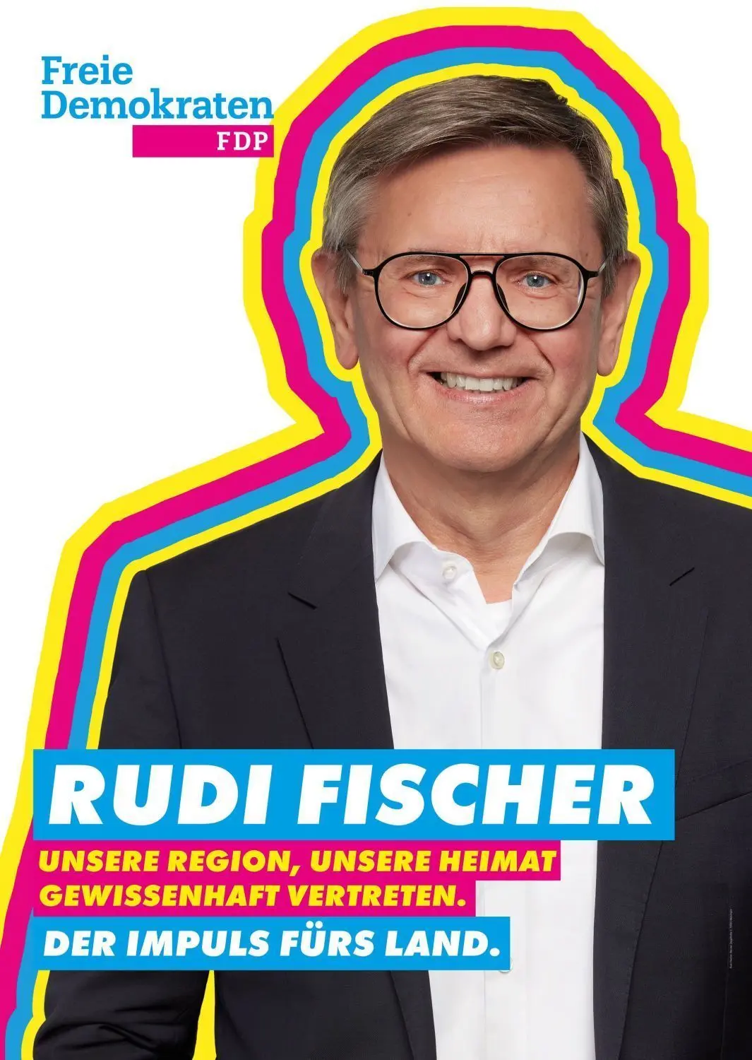FDP-Kandidat Rudi Fischer plakatiert in seiner Heimatstadt Metzingen erst heute, dafür zeigt er sich psychedelisch vierfarbig umwabert.⇥