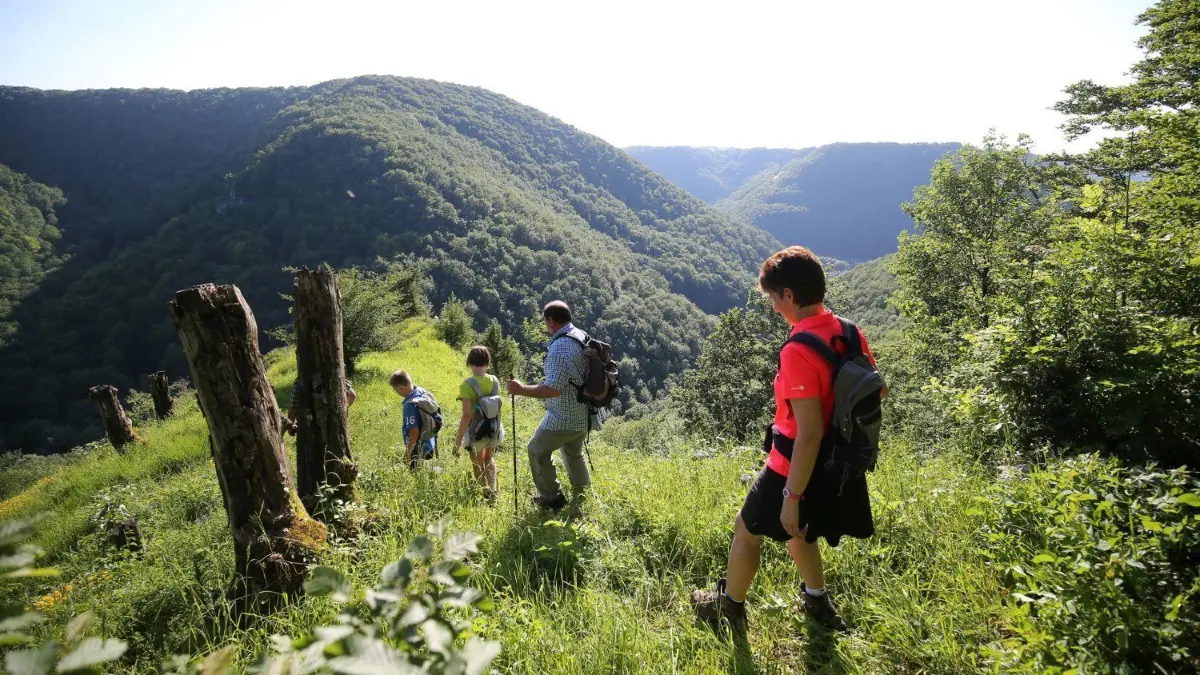 So schön die Schwäbische Alb ist, wie hier am Müllerfels bei Römerstein – die Übernachtungszahlen sind eingebrochen.
Wandergruppe am Müllerfelsen Römerstein Tourismus