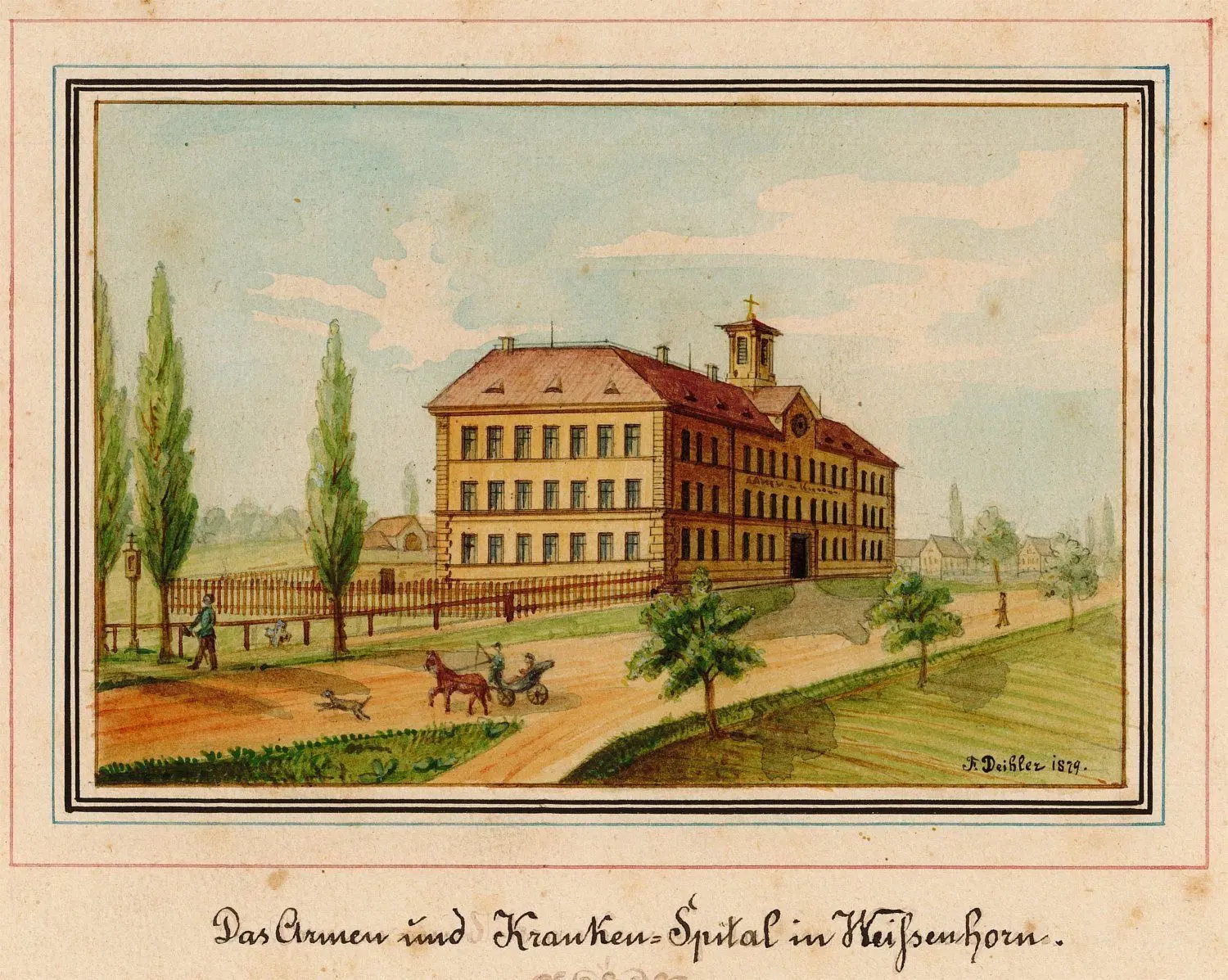 1836 wurde das neue „Armen- und Krankenspital“ im Norden der Stadt bezogen. Die aquarellierte Zeichnung (links) von Franz Daibler stammt von 1879.