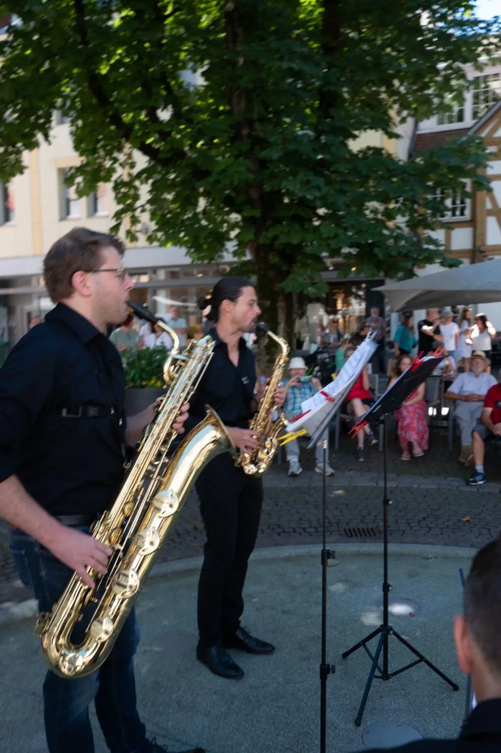  Vor dem Göppinger Rathaus gab es eine Instrumentenausstellung inklusive Elternberatung. Kinder konnten dort unter der Anleitung von Musiklehrerinnen und -lehren der Städtischen Musikschule verschiedene Instrumente ausprobieren. In der Stadtkirche ertönten während des Festivals zarte Harfenklänge (oben). Auf dem Spitalplatz spielte unter anderem „sax.plus“ der Stadtkapelle Kirchheim/Teck (links).