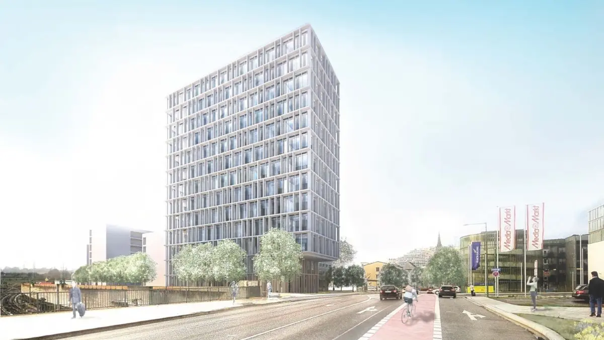 So hatte sich das Büro Mühlich, Fink & Partner den Südstadtturm vorgestellt. Hinter der „attraktiven“ Fassade sollten „hochmoderne und multifunktionale Büroräume“ entstehen.