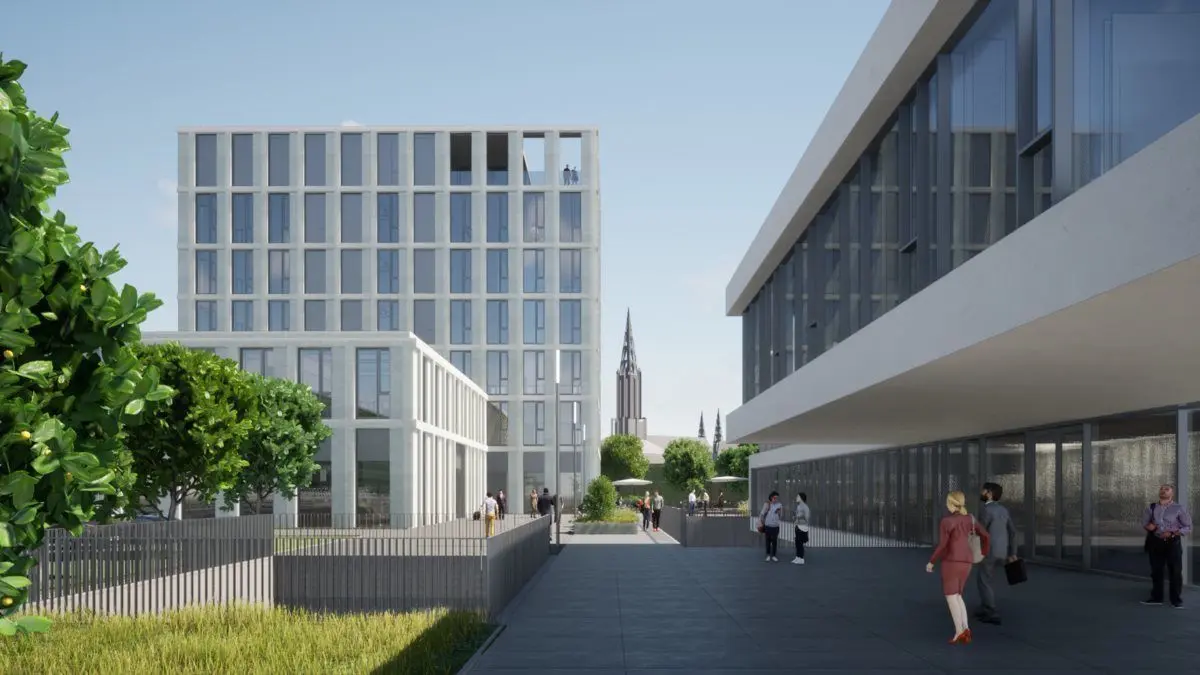 So soll der neue Firmensitz von SGP aussehen. Rechts: die ehemalige Hochschule für Kommunikation.⇥