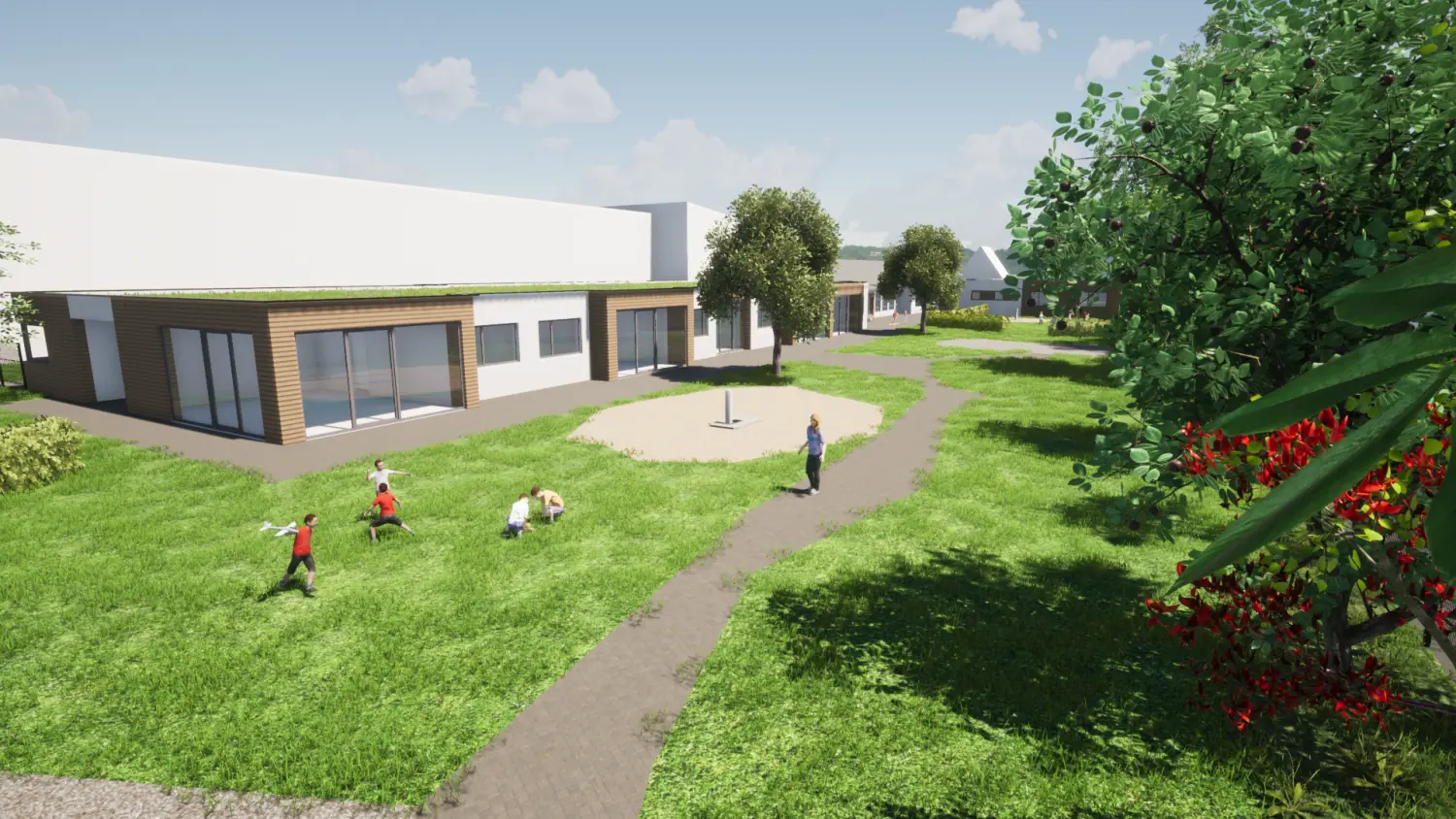 Der neue Dietenheimer Kindergarten in der Visualisierung in der Ansicht Süd-West.