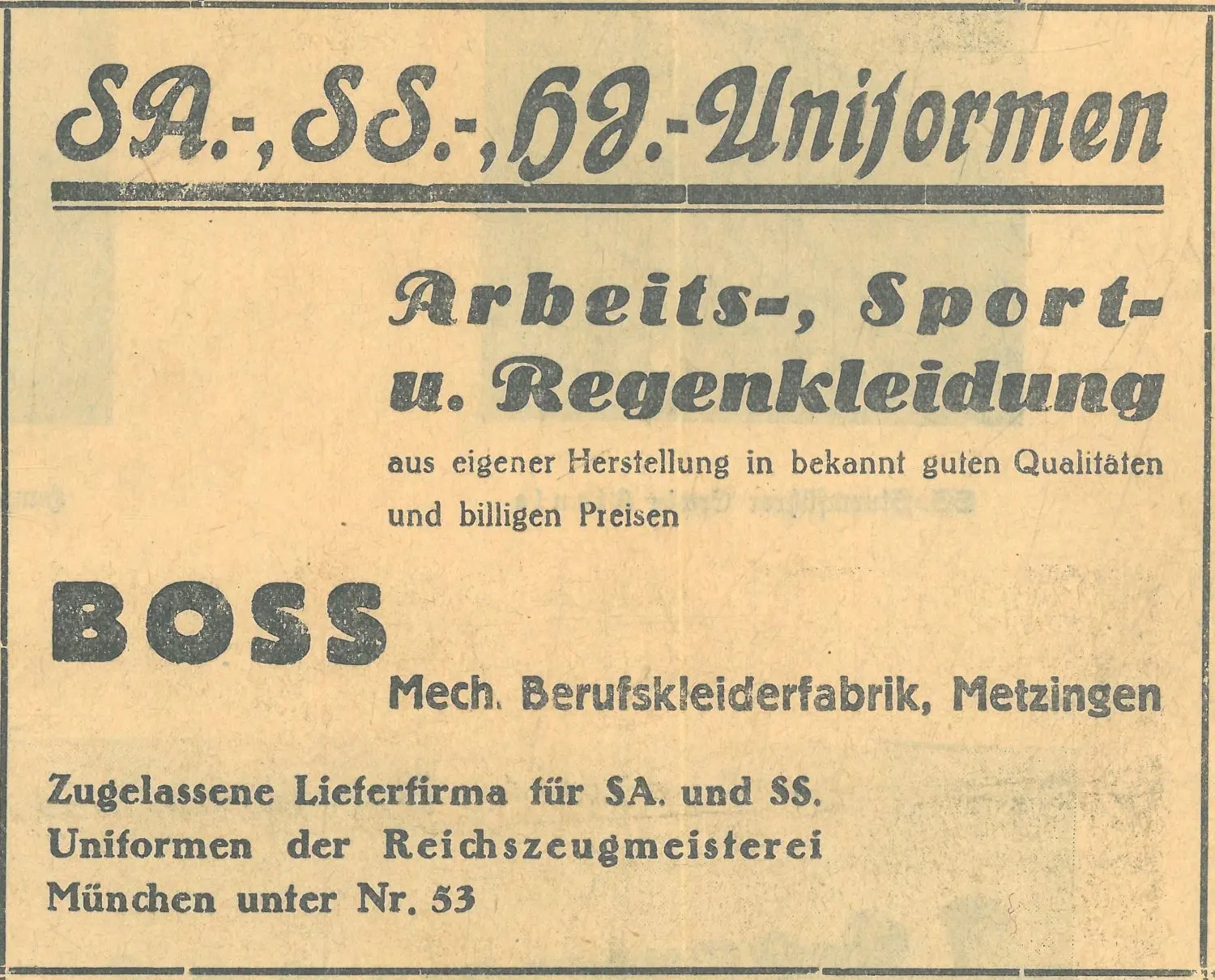 Auf dem Mühlwiesenfriedhof ist das Grab der polnischen Zwangsarbeiterin Josefa Gisterek zu finden, die nach Metzingen verschleppt worden ist. Als sie flüchtete, wurde sie von der Gestapo verhaftet, in KZs steckt und dort schwer misshandelt. Hugo Boss gelang es, sie wieder nach Metzingen zu holen. Am 5. Juli 1943 nahm sie sich im Alter von 19 Jahren das Leben. Hugo Ferdinand Boss wurde am 8. Juli 1885 in Metzingen geboren, er starb am 9. August 1948 in Tübingen. Mit der Anzeige warb sein Betrieb um Kunden.