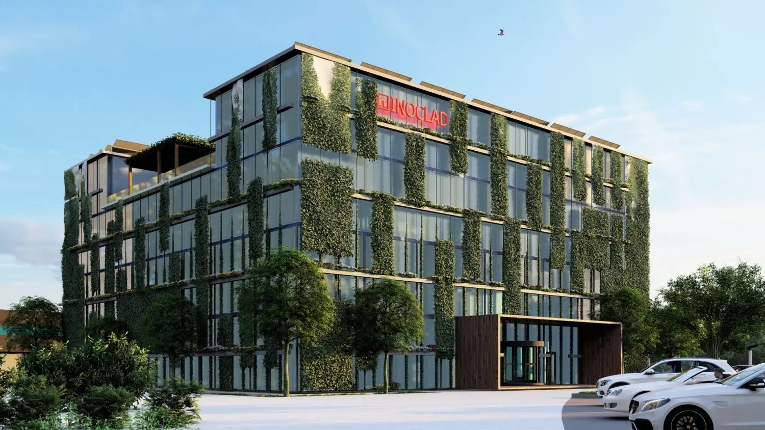 So soll das neue Bürogebäude von Inoclad nach seiner Fertigstellung aussehen. Auf rund 4000 Quadratmetern finden 166 Mitarbeiter Platz. Die Begrünung der Fassade sieht das Unternehmen als Experimentierfeld für künftige Bauprojekte.
