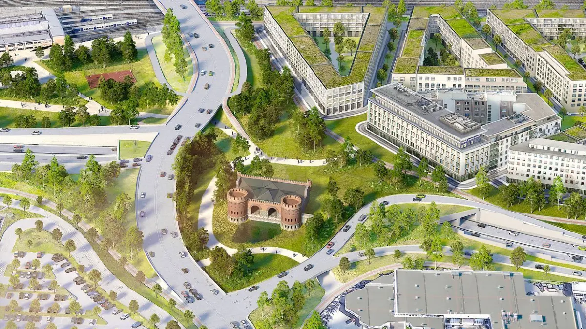 Die Blaubeurer Straße würde künftig um zwei Meter angehoben links vom Blaubeurer Tor geschwungen Richtung Innenstadt geführt, der nur 200 Meter lange Tunnel verliefe im Halbkreis oberhalb des freigelegten Festungswerks. Links und rechts sieht man die Ein- und Ausfahrten.