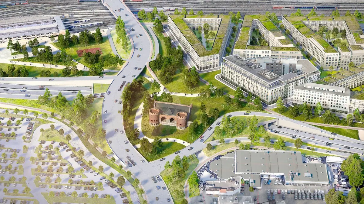 Die Blaubeurer Straße würde künftig um zwei Meter angehoben links vom Blaubeurer Tor geschwungen Richtung Innenstadt geführt, der nur 200 Meter lange Tunnel verliefe im Halbkreis oberhalb des freigelegten Festungswerks. Links und rechts sieht man die Ein- und Ausfahrten.