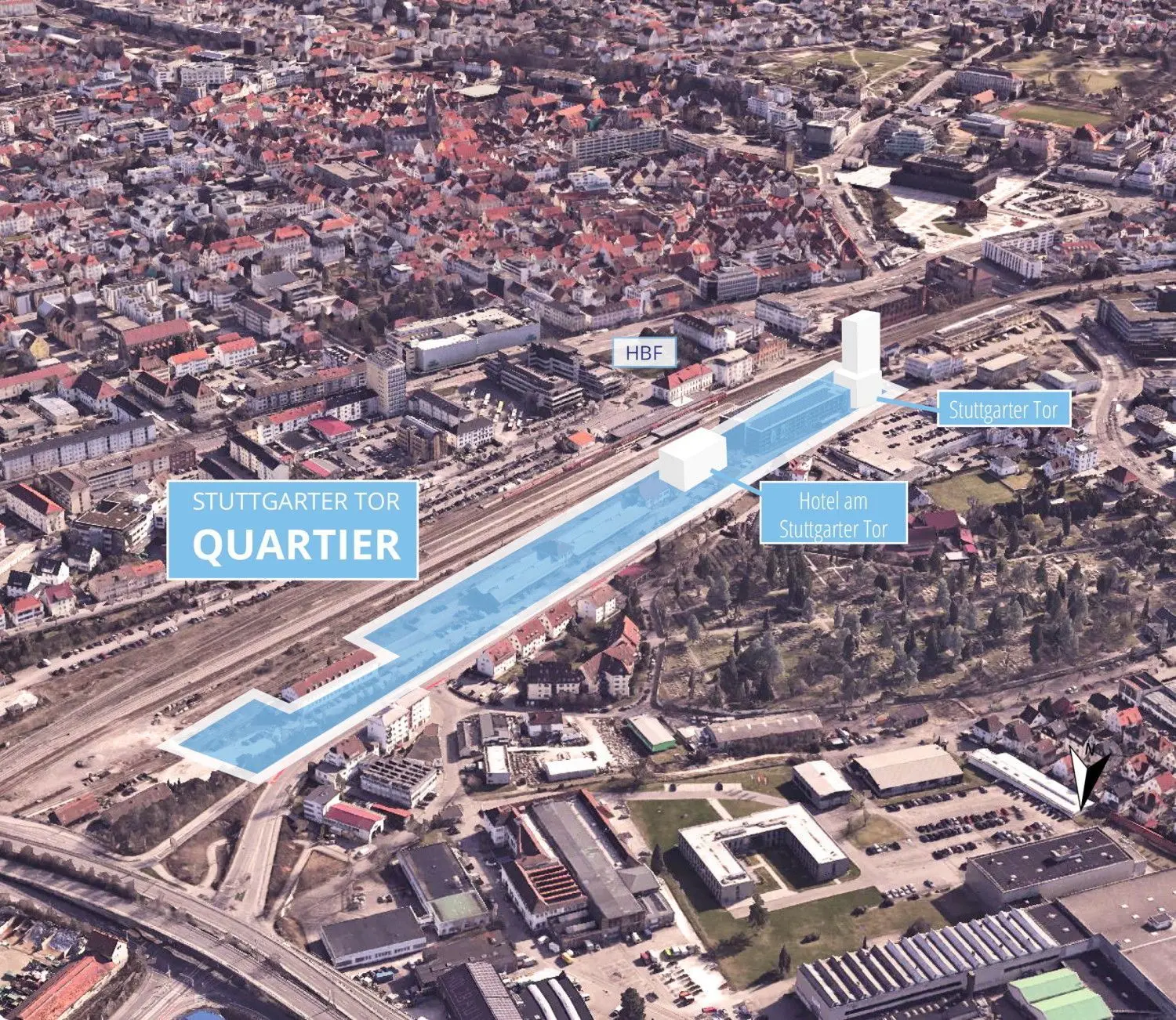 Die blaue Fläche zeigt das neue Quartier Stuttgarter Tor. Als nächstes ist dort ein Hotel geplant.