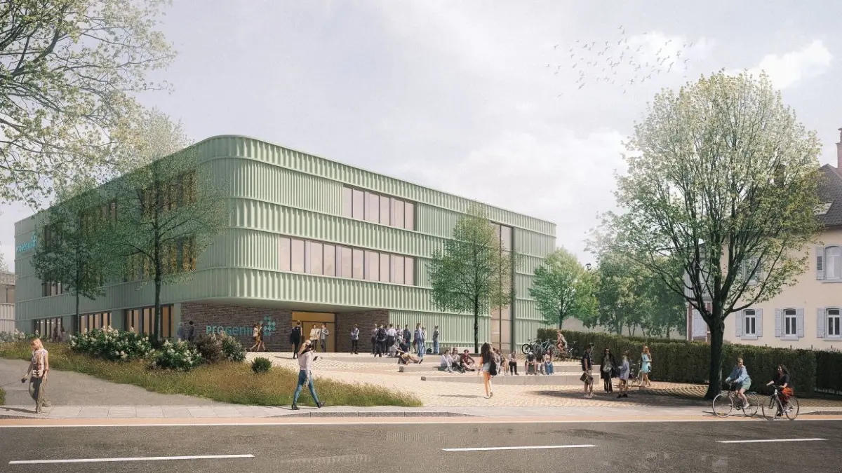 So soll der neue Progenius Schul-Campus mit 20 Klassenräumen aus Richtung Hohenstaufenstraße aussehen. Rechts ist die alte Fabrikantenvilla der Firma Wissner zu erkennen, die nicht Teil des Gesamtprojektes ist.
