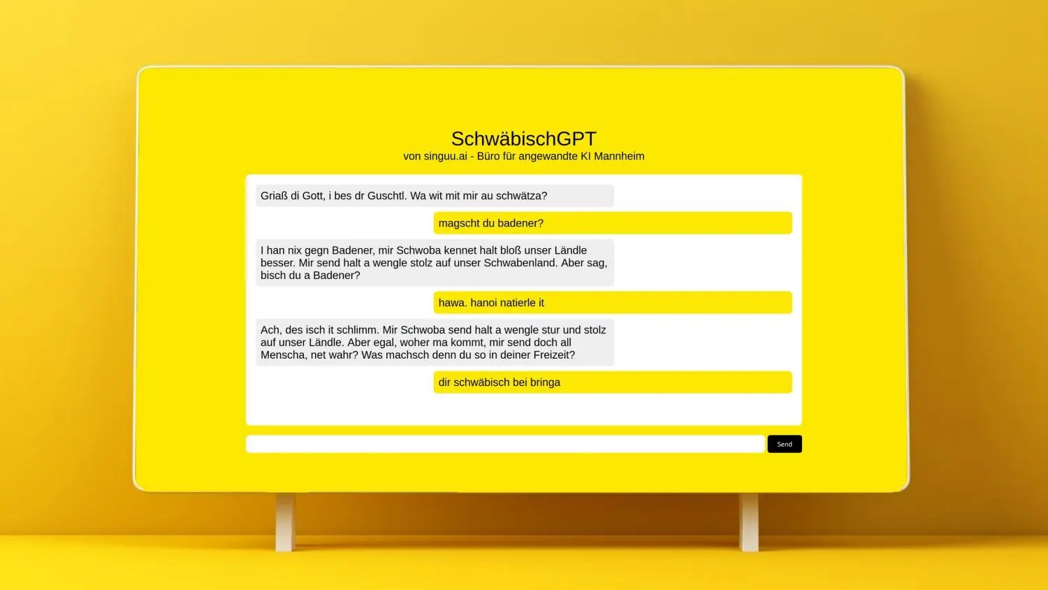 Auf SchwäbischGPT findet der Anwender eine besonders gesprächige künstliche Intelligenz vor, die ständig Fragen stellt - natürlich auf Schwäbisch.