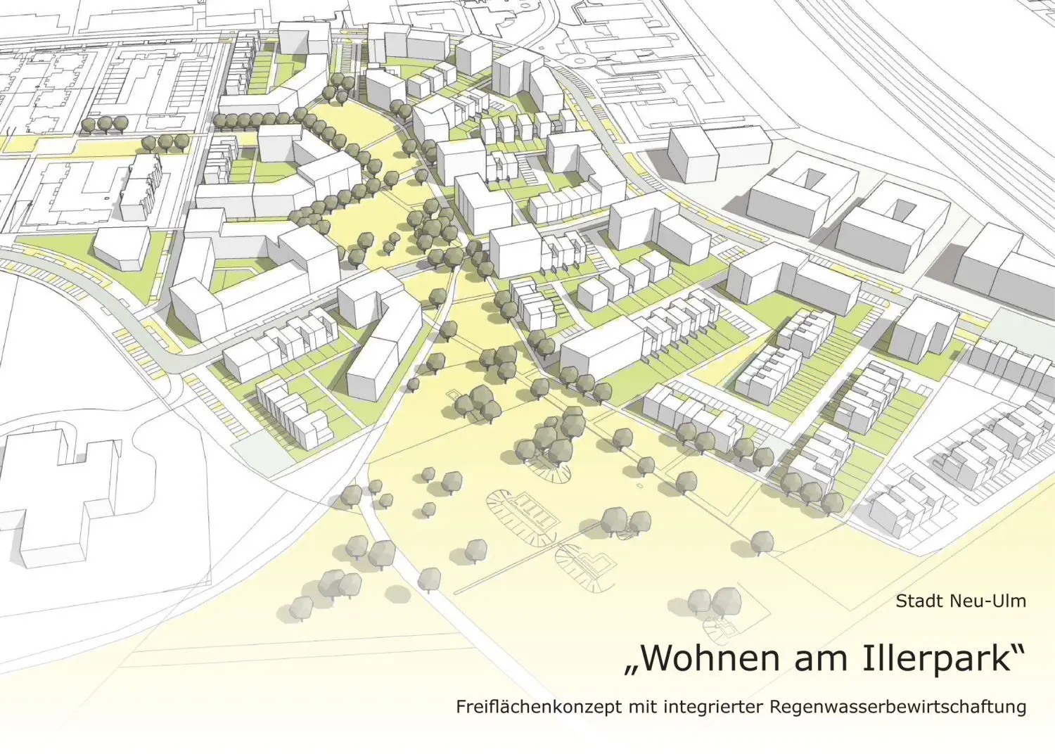 So stellen sich die Stadtplaner und Landschaftsarchitekten das Neubaugebiet vor. Von links kommt die Humboldstraße an und führt durch die zentrale Grünfuge, wo das Regenwasser versickert, zur verlängerten Filchnerstraße.