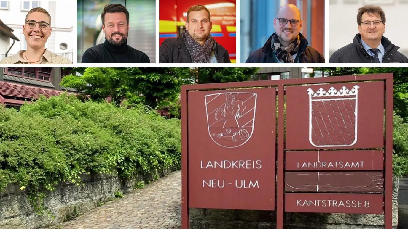 Diese fünf Bewerber kämpfen am 14. Januar um den Posten des Landrats in Neu-Ulm (v.l.n.r.): Eva Treu (CSU), Daniel Fürst (SPD), Ludwig Ott (Grüne) , Wolfgang Dröse (AfD), Joachim Eisenkolb (Freie Wähler).