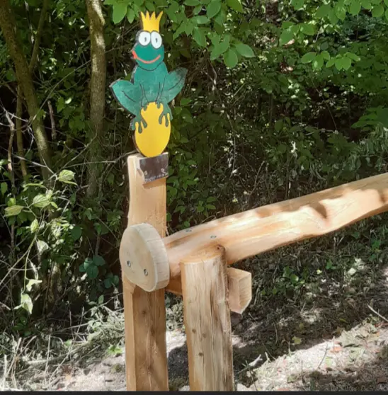 So sah der Frosch aus, bevor er abgesägt wurde. Unbekannte treiben seit einiger Zeit ihr Unwesen am Herrenbachstausee. Auch eine Holzblume wurde abgesägt.