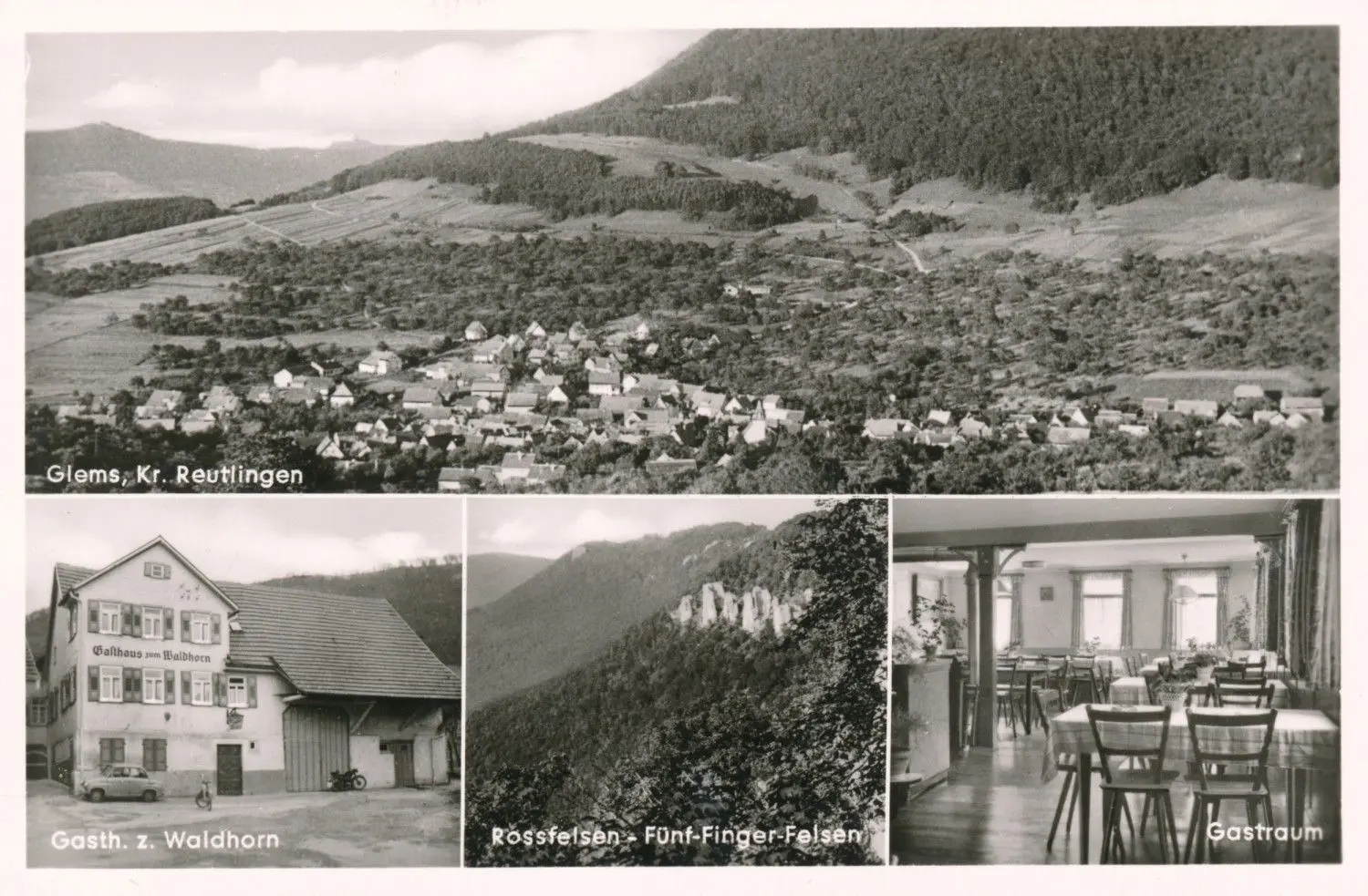 Historische Ansicht von Glems mit dem „Waldhorn“ unten links, daneben der Rossfels und die Fünf-Finger-Felsen und ein Blick in die Gaststube. Da die Aufschrift „Glems, Kreis Reutlingen“ lautet, muss die Postkarte nach 1938 entstanden sein, denn davor gehörte der heutige Metzinger Ortsteil zum Oberamt Urach.