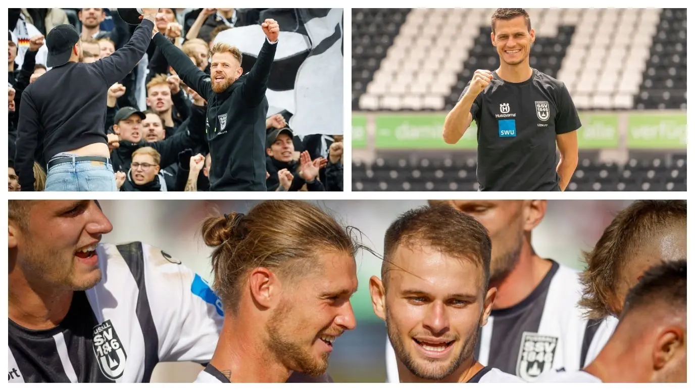 Dennis Chessa (unten links) und Léo Scienza (unten rechts) führen den SSV Ulm 1846 Fußball zur Winterpause in erzielten Toren an. Thomas Wörle (oben rechts) kann sich zudem auf Kapitän Jo Reichert (oben links) verlassen.