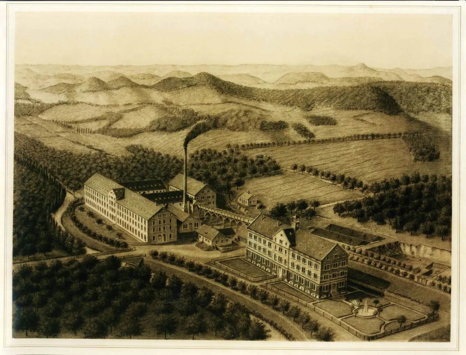 ["Alter Kupferstich der Firmenanlage: Die Papierfabrik zu Gustav Werners Zeiten" "."]