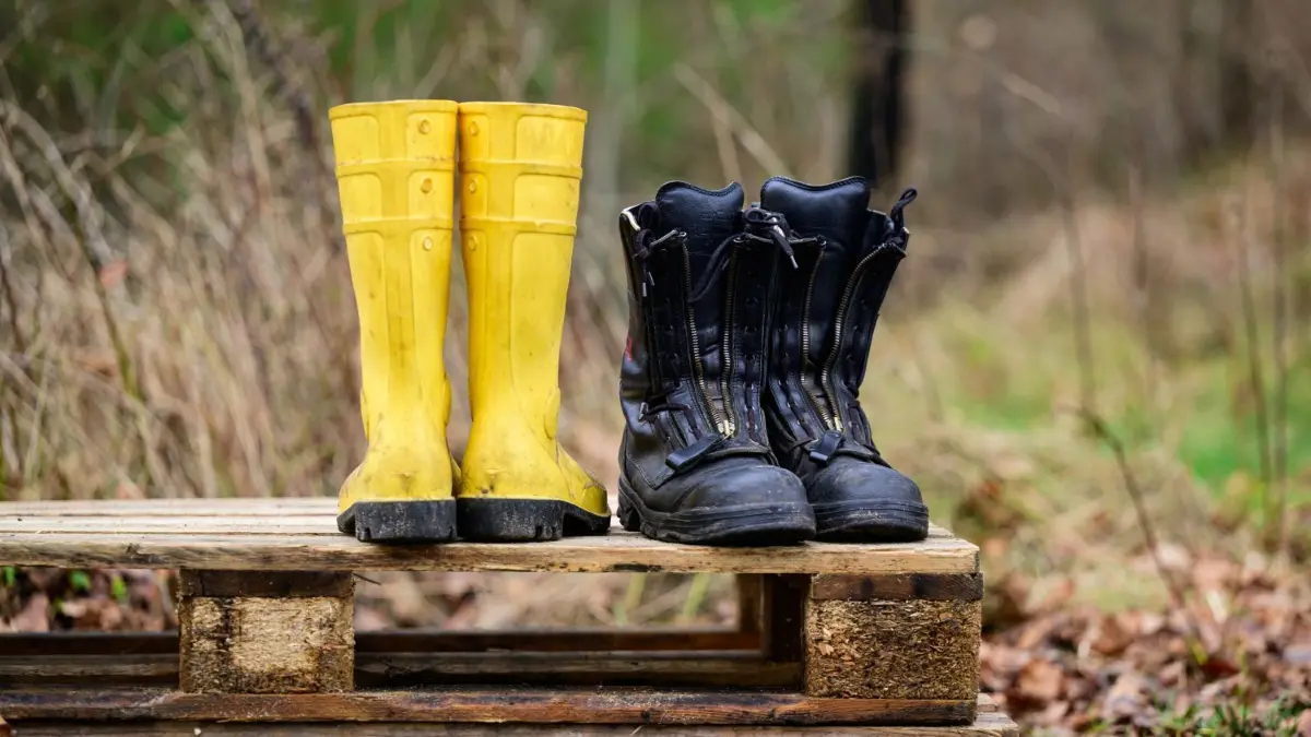 Gummistiefel und Feuerwehrstiefel stehen an einer Einsatzstelle auf einer Palette in Niedersachsen.
28.12.2023, Niedersachsen, Hodenhagen: Gummistiefel und Feuerwehrstiefel stehen an einer Einsatzstelle auf einer Palette. Die Hochwasserlage bleibt in vielen Regionen Niedersachsens angespannt. Foto: Philipp Schulze/dpa +++ dpa-Bildfunk +++