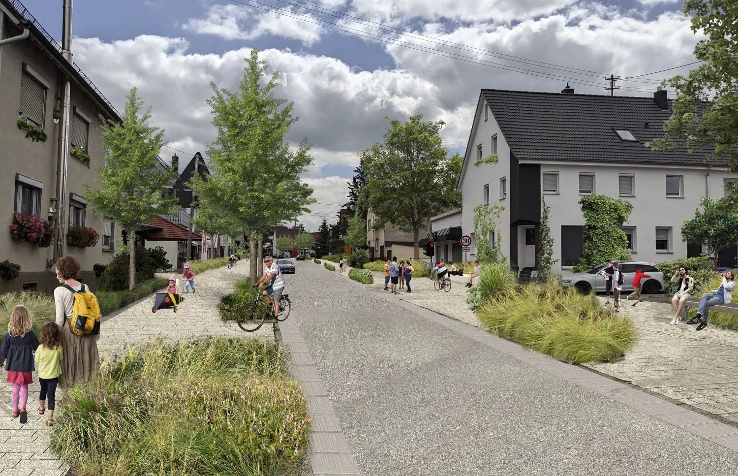Die Illustration demonstriert die Gestaltungsprinzipien des ISA Internationales Stadtbauatelier für die Neugestaltung der Vorstadtstraße (Ortsdurchfahrt) in Geislingen.