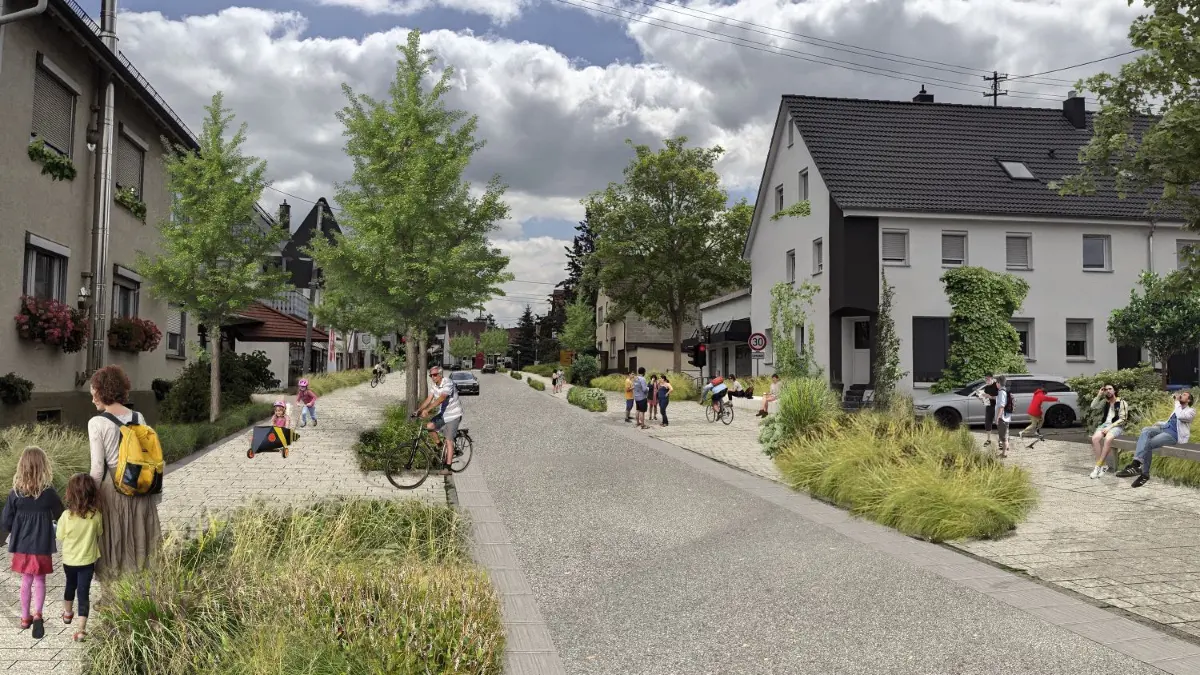 Die Illustration demonstriert die Gestaltungsprinzipien des ISA Internationales Stadtbauatelier für die Neugestaltung der Vorstadtstraße (Ortsdurchfahrt) in Geislingen.