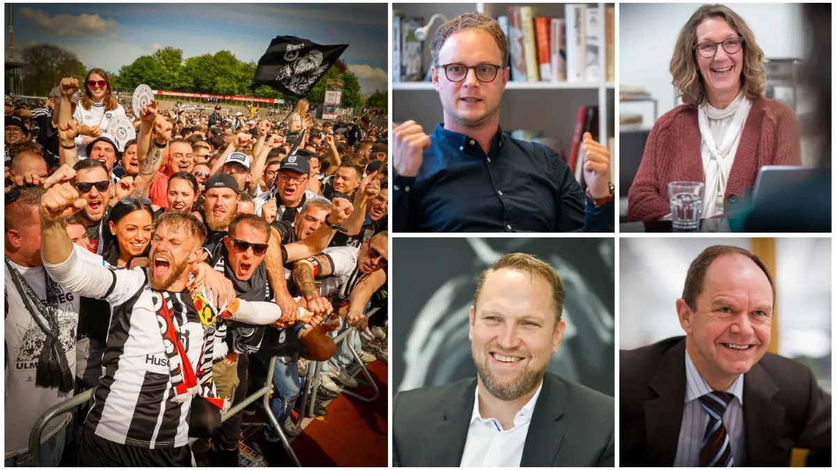 Iris Mann, Willy Götz, Andreas Burkhardt und Marcel Emmerich (im Uhrzeigersinn) freuen sich mit den Spatzen über den Aufstieg.