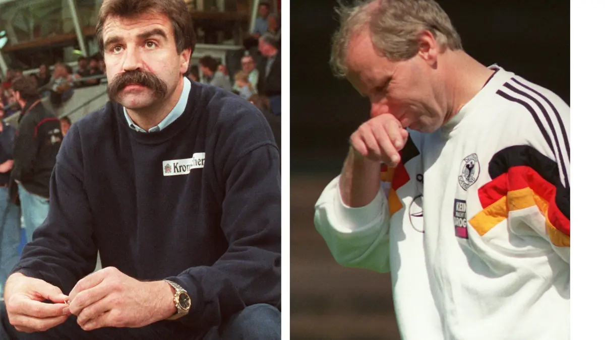 Handball-Bundestrainer Heiner Brand (l) am 4.10.1996 und Fußball-Bundestrainer Berti Vogts (r) am 16.6.92. Ein Jahr nach dem Bosman-Urteil befand sich der Team-Sport in einer Evolution.