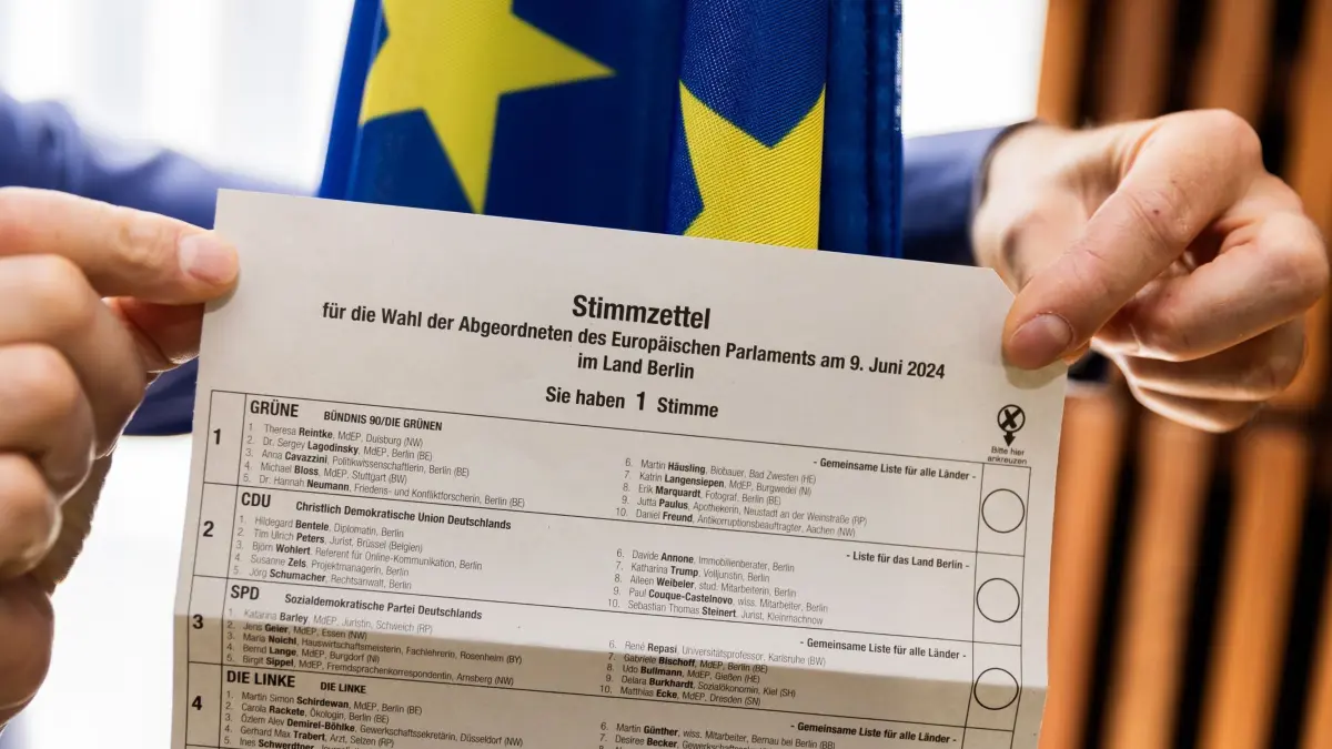 Vorstellung der Wahllisten zur Europawahl 2024: 16.05.2024, Berlin: Thilo Kunzemann, Pressereferent des Europäischen Parlaments in Deutschland, zeigt einen Stimmzettel des Landes Berlin für die Europawahl 2024 am Ende der Vorstellung der Wahllisten und -benachrichtigungen sowie der Briefwahlkampagne zur Europawahl 2024 im Europäischen Haus. Foto: Christoph Soeder/dpa +++ dpa-Bildfunk +++