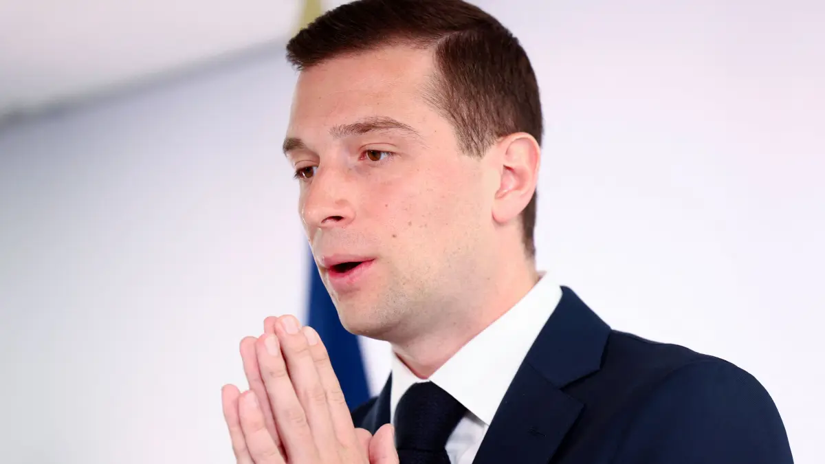 French "National Rally" far-right party President Jordan Bardella addresses a press conference entitled "against drug trafficking: the urgence of an upturn" following the attack on a prison van in the Eure department, in Paris on May 16, 2024. (Photo by Emmanuel Dunand / AFP)