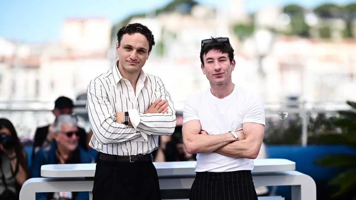 German actor and dancer Franz Rogowski (L) and Irish actor Barry Keoghan pose during a photocall for the film "Bird" at the 77th edition of the Cannes Film Festival in Cannes, southern France, on May 17, 2024. (Photo by LOIC VENANCE / AFP)