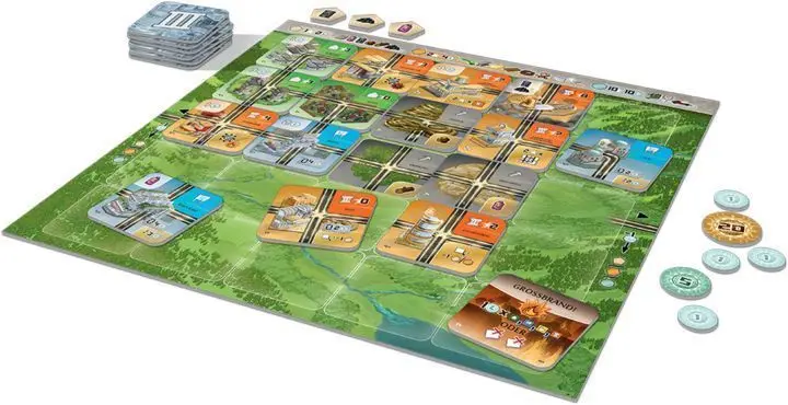 Ein Spielertableau im Stadtbau-Drafting-Spiel „Neom“.