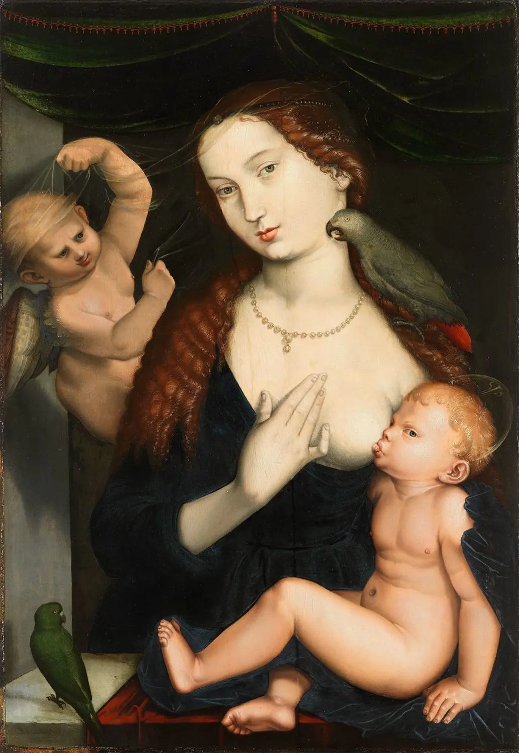 Eine ziemlich erotische Maria und ein Engel wie ein Amor: Hans Baldung Griens „Maria mit Kind und Papageien“ aus dem Jahr 1533. ⇥