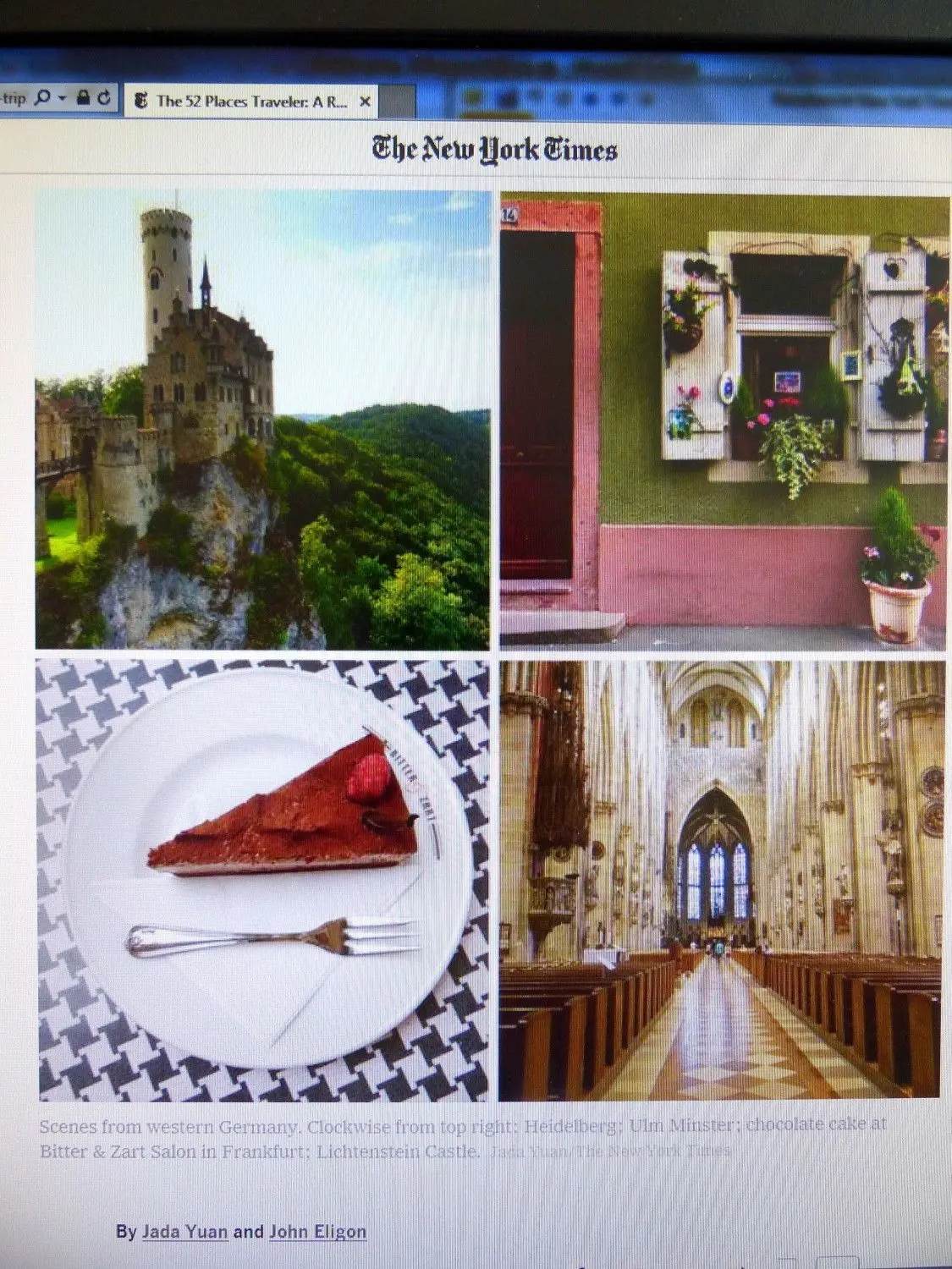 Schafften’s gemeinsam in die New York Times: Schloss Lichtenstein, Heidelberger Fensterläden, Frankfurter Schokoladenkuchen und das Ulmer Münster.