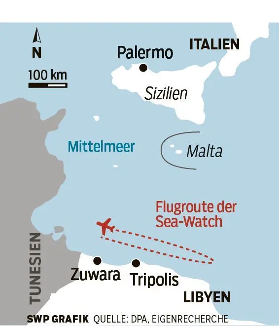 Die Suchroute führt die „Moonbird“ an der libyschen Küste entlang.
