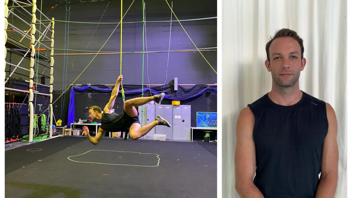Stuart Gannon ist "Aerial Captain" beim Tarzan-Musical in Stuttgart. Bei einem Besuch zeigt er seine Flugkünste.