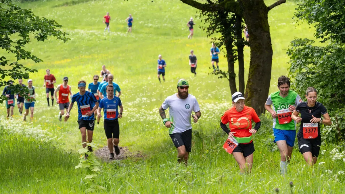 51. GutsMuths–Rennsteiglauf 2024: 25.05.2024, Thüringen, Masserberg: Läufer sind beim 51. GutsMuths-Rennsteiglauf 2024 auf der Marathon-Strecke entlang des Rennsteigs unterwegs. Foto: Michael Reichel/dpa +++ dpa-Bildfunk +++