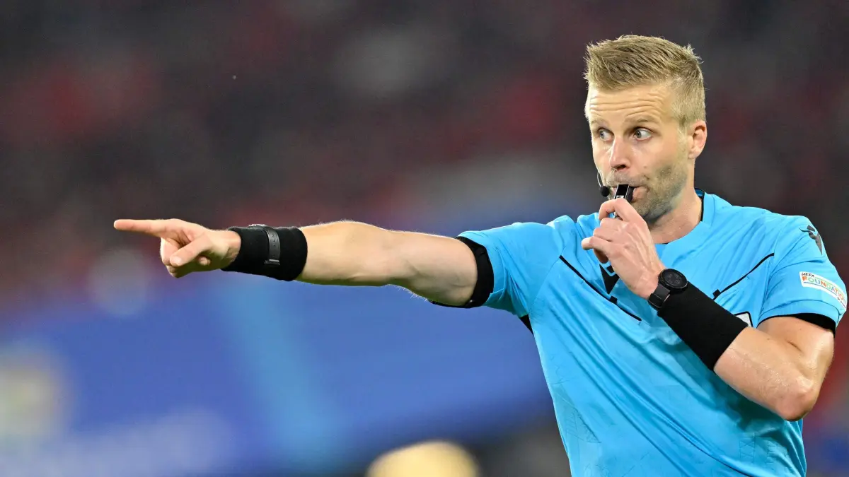 Football: UEFA Euro 2024 — 1st round day 3: Group B Albania v Spain: Swedish referee Glenn Nyberg blows the whistle during the UEFA Euro 2024 Group B football match between Albania and Spain at the Duesseldorf Arena in Duesseldorf on June 24, 2024. (Photo by INA FASSBENDER / AFP)