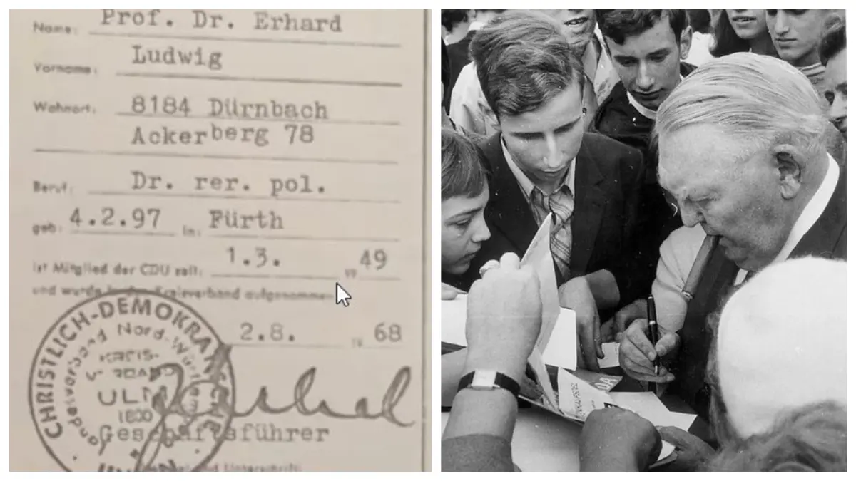 Alt-Bundeskanzler (1963-66) in Ulm nach der Schwörfeier 1968 umringt von jugendlichen Autogrammjägern und Erhards gefälschte Mitgliedskarte