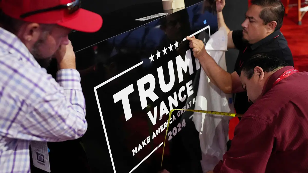 2024 Republican National Convention: Day 4: MILWAUKEE, WISCONSIN - JULY 18: Workers prepare the stage for the fourth day of the Republican National Convention at the Fiserv Forum on July 18, 2024 in Milwaukee, Wisconsin. Delegates, politicians, and the Republican faithful are in Milwaukee for the annual convention, concluding with former President Donald Trump accepting his party's presidential nomination. The RNC takes place from July 15-18. Andrew Harnik/Getty Images/AFP (Photo by Andrew Harnik / GETTY IMAGES NORTH AMERICA / Getty Images via AFP)